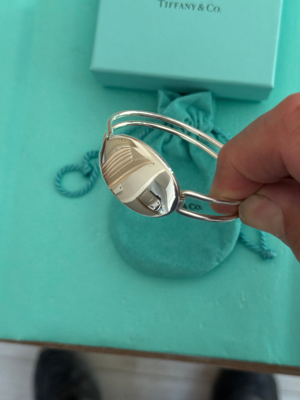 Tiffany & Co. Sterling Silver Oval ID Tag Double Wire Bangle Bracelet