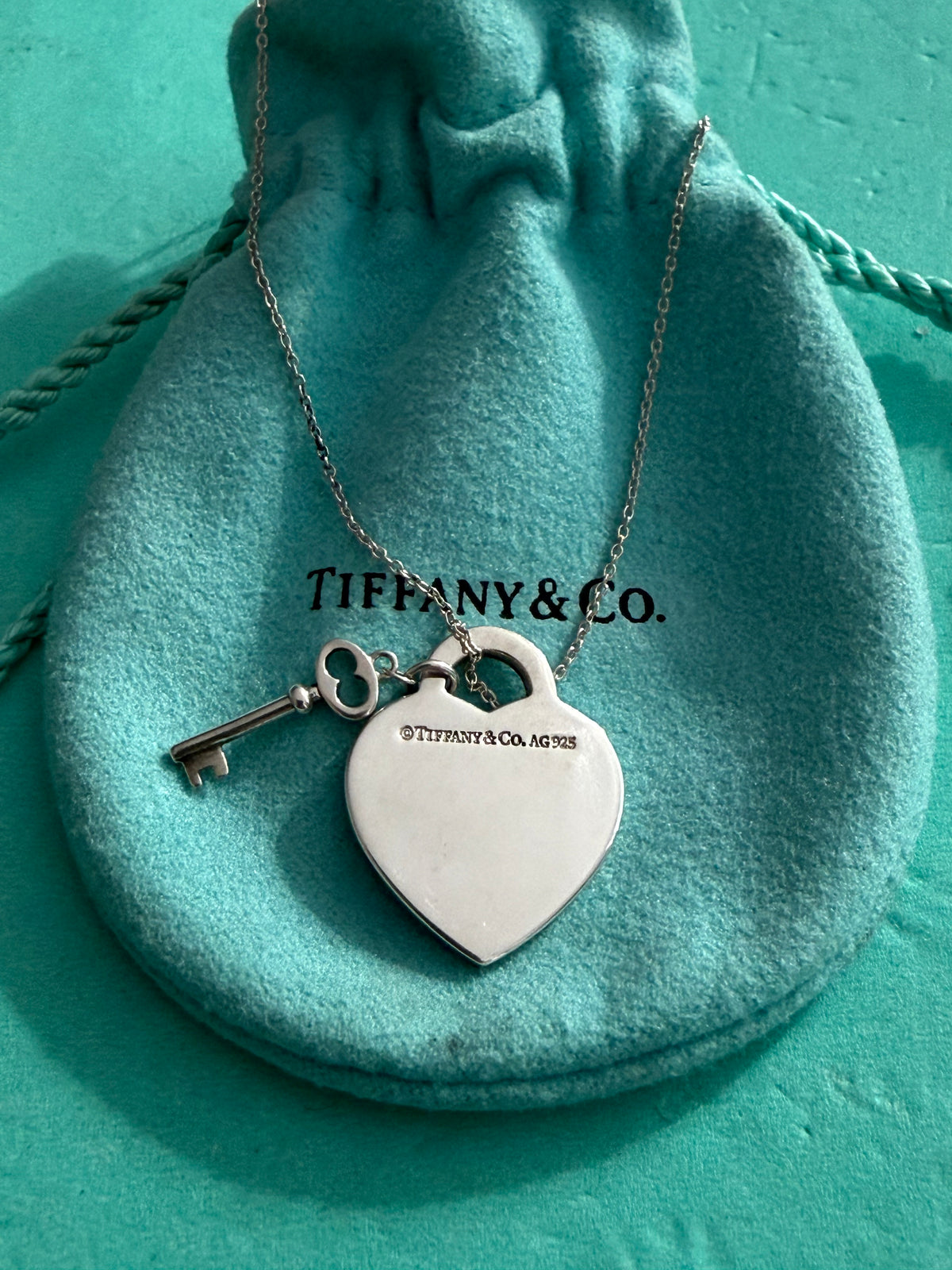 Tiffany & Co. Please Return To Tiffany Heart Tag with Key Necklace 16 Inches long