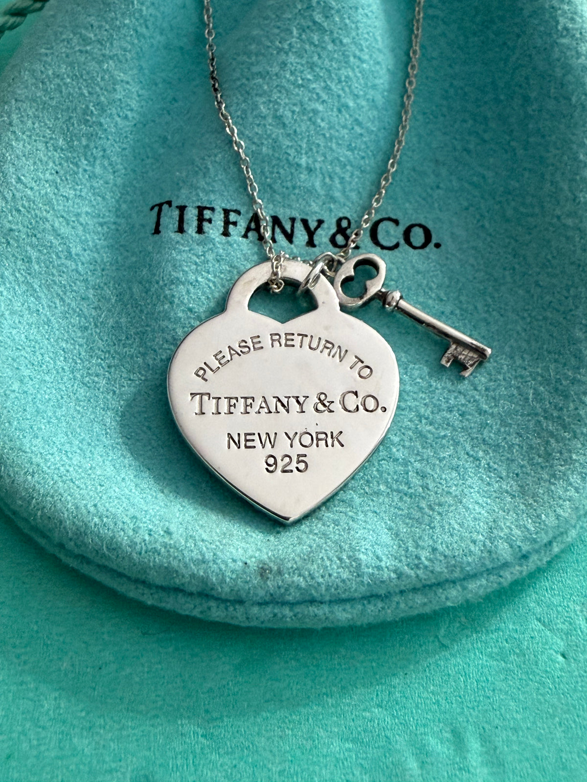 Tiffany & Co. Please Return To Tiffany Heart Tag with Key Necklace 16 Inches long