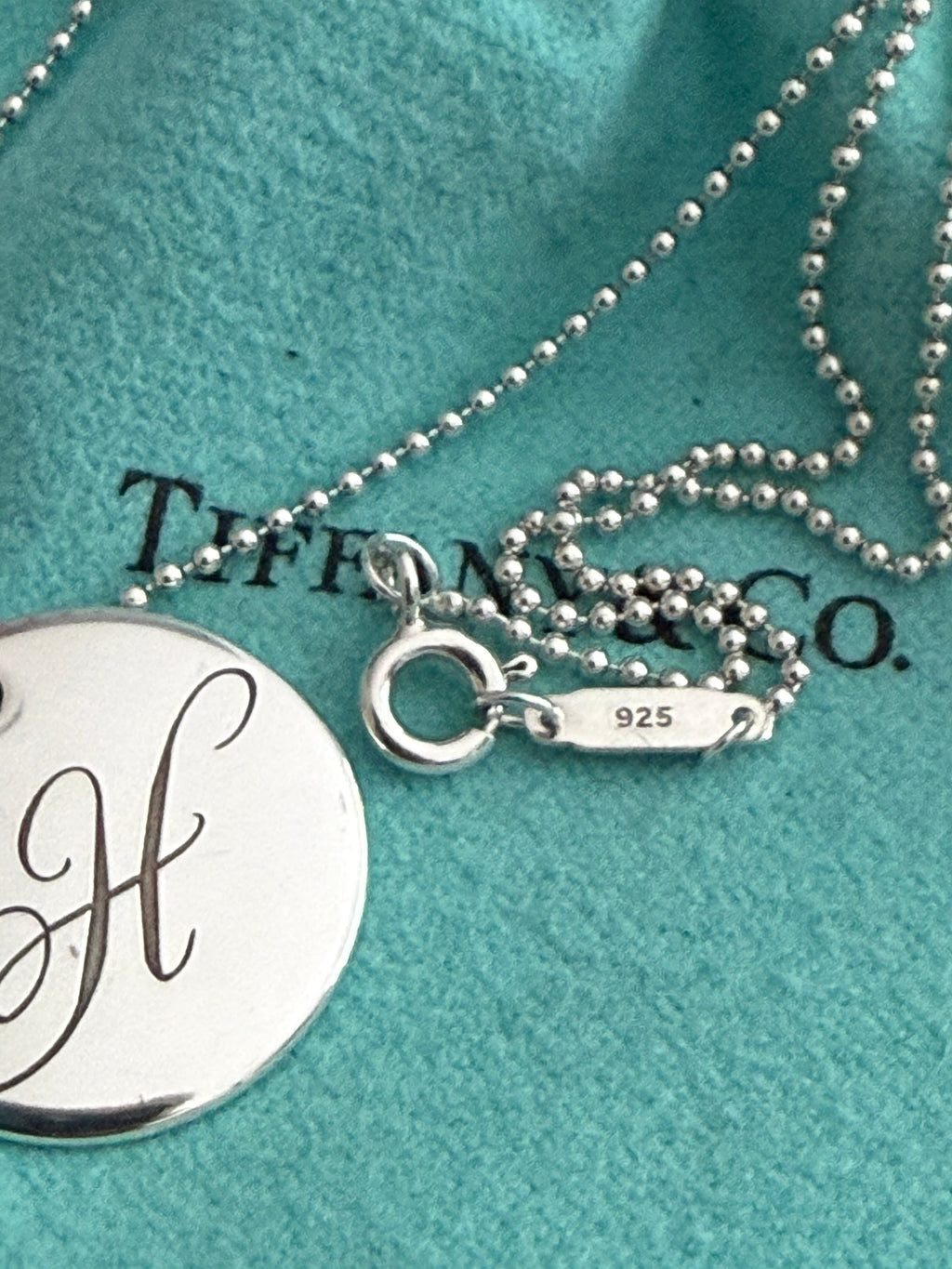 Tiffany & Co. Silver Alphabet Disc Letter Initial “H” Pendant Necklace 18”