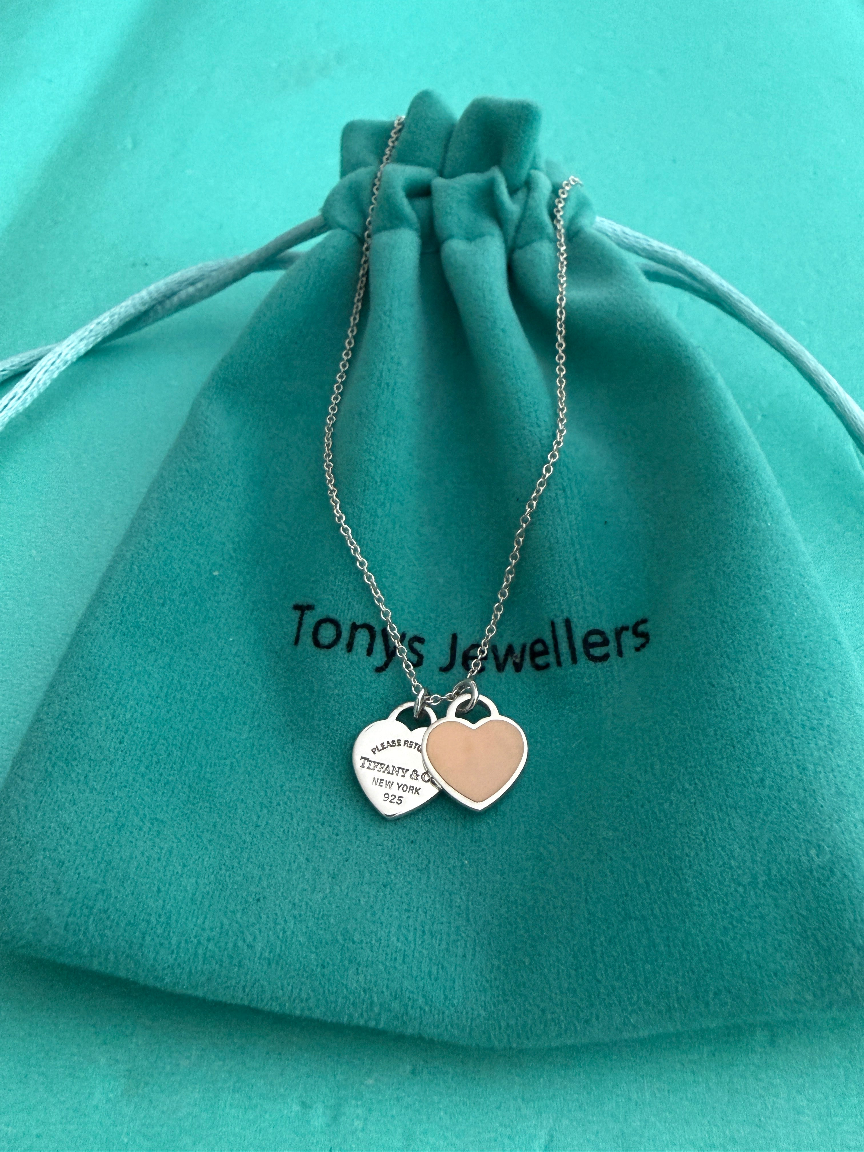 Tiffany & Co. Please Return To Tiffany Double Mini Heart Tag Pink Enamel Necklace 16 inches