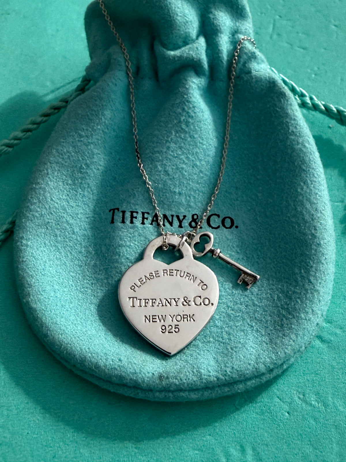 Tiffany & Co. Please Return To Tiffany Heart Tag with Key Necklace 16 Inches long