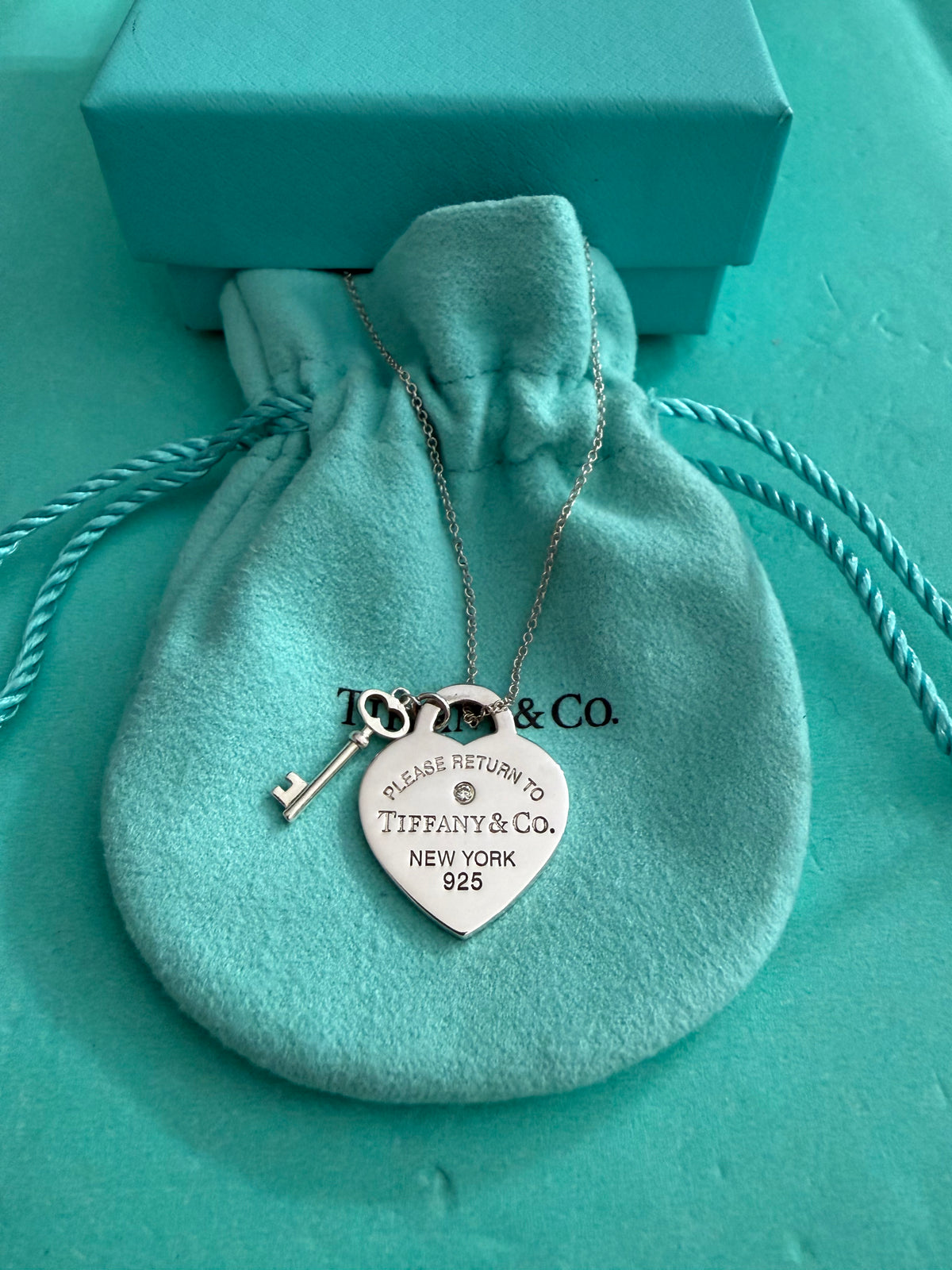 Tiffany & Co. Please Return To Tiffany Diamond Heart with key Necklace 16” - 18” long