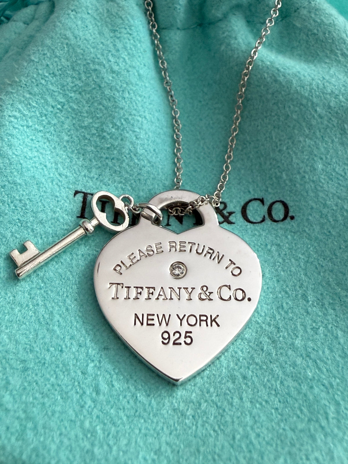 Tiffany & Co. Please Return To Tiffany Diamond Heart with key Necklace 16” - 18” long