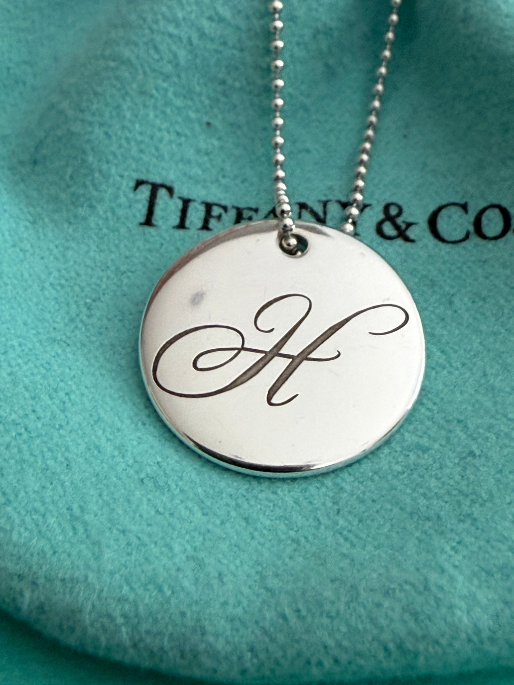 Tiffany & Co. Silver Alphabet Disc Letter Initial “H” Pendant Necklace 18”