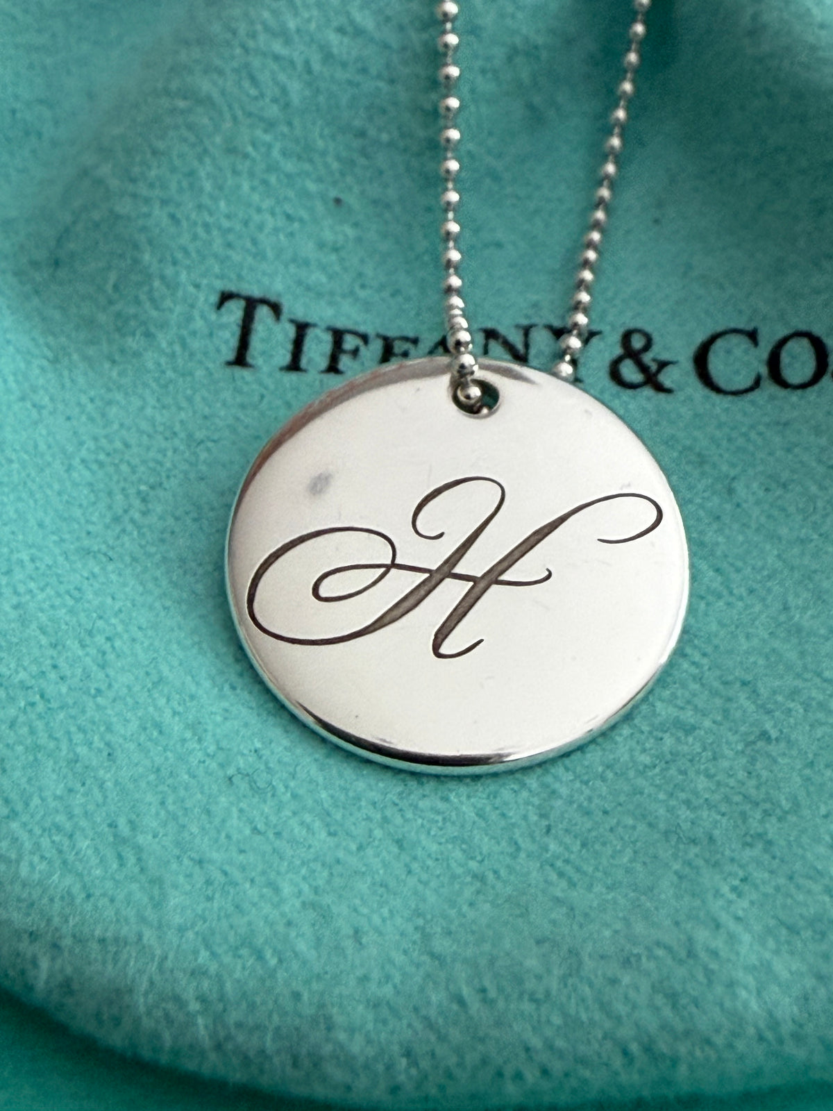 Tiffany & Co. Silver Alphabet Disc Letter Initial “H” Pendant Necklace 18”