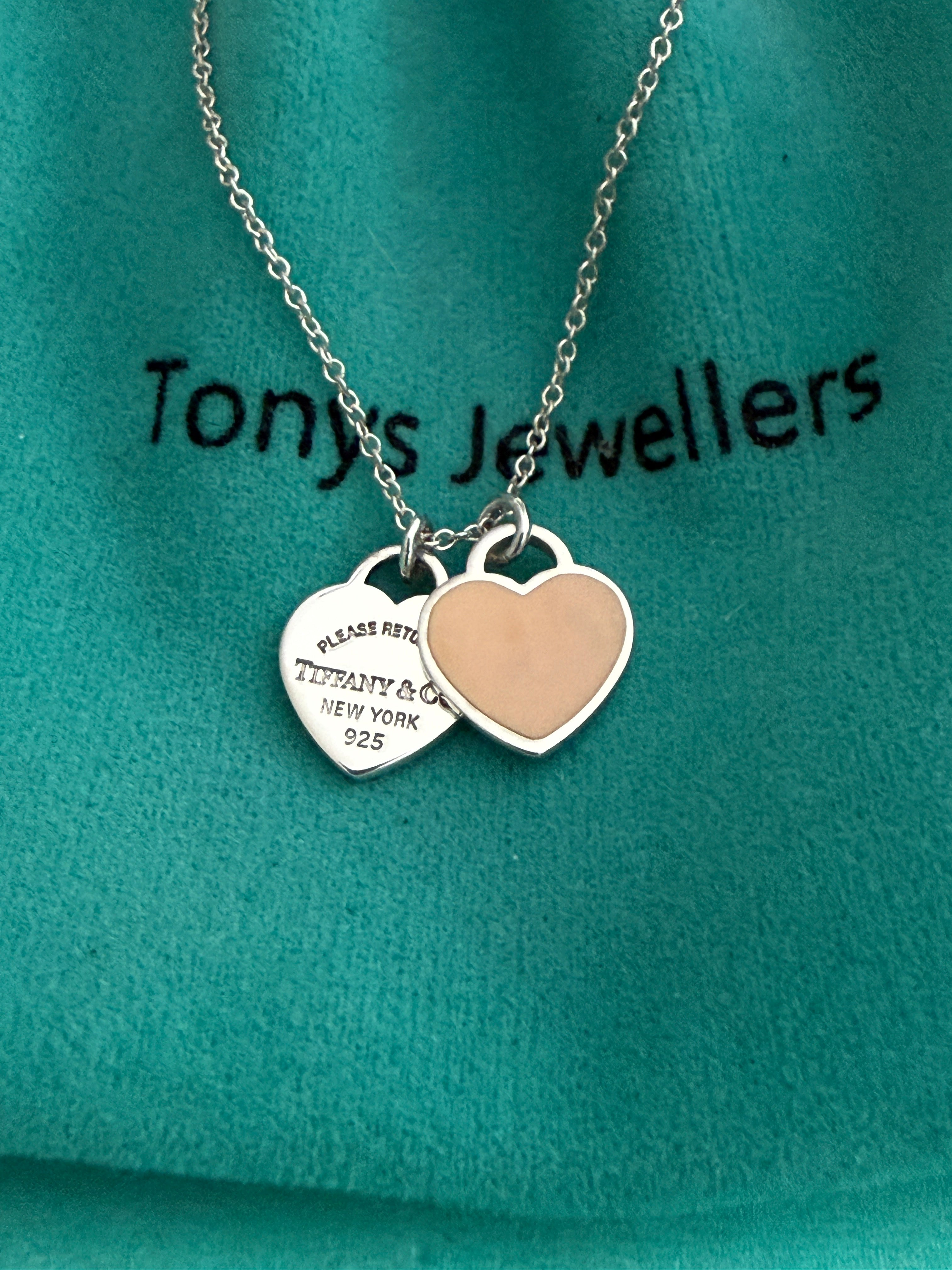 Tiffany & Co. Please Return To Tiffany Double Mini Heart Tag Pink Enamel Necklace 16 inches