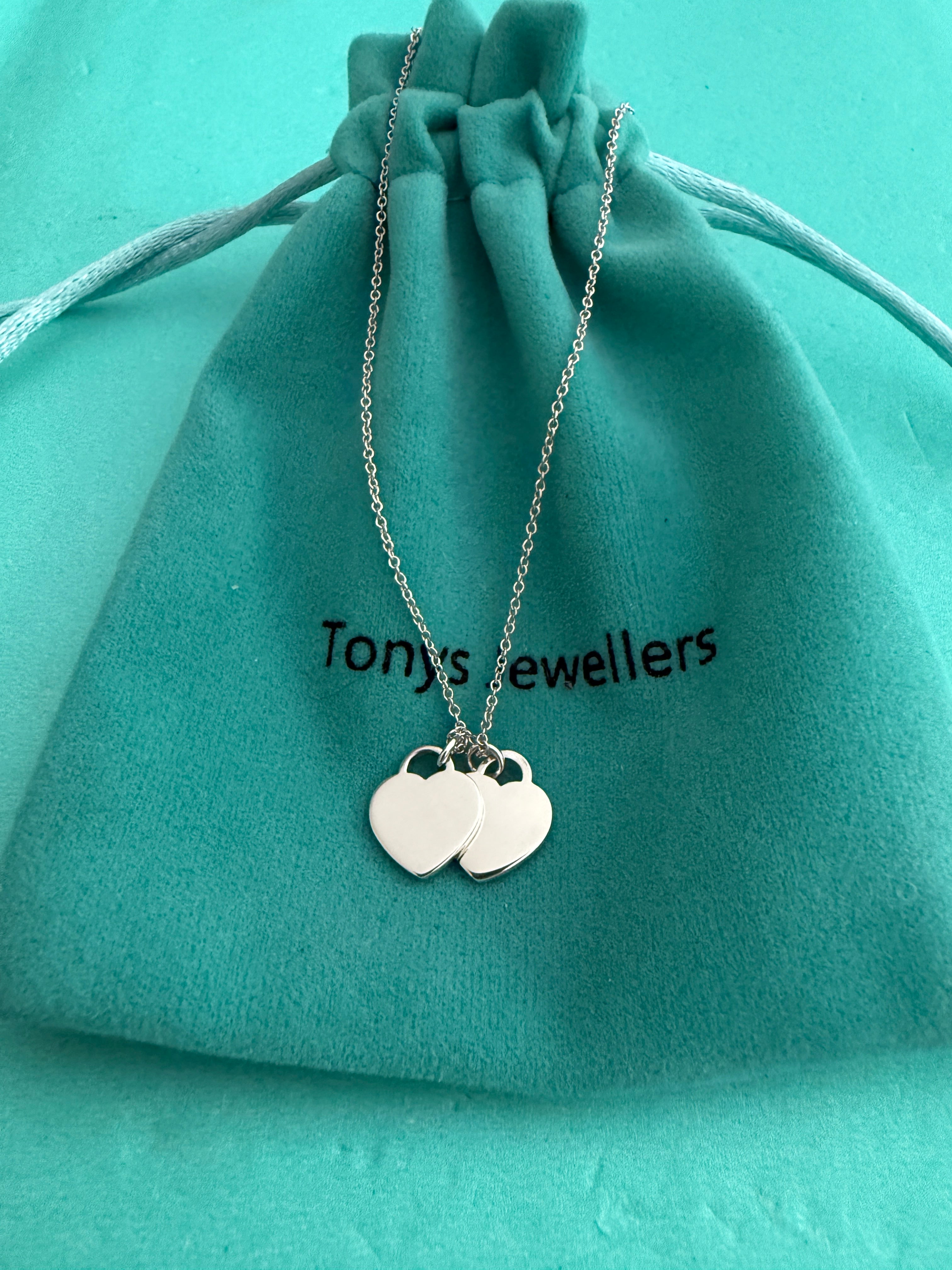 Tiffany & Co. Please Return To Tiffany Double Mini Heart Tag Pink Enamel Necklace 16 inches