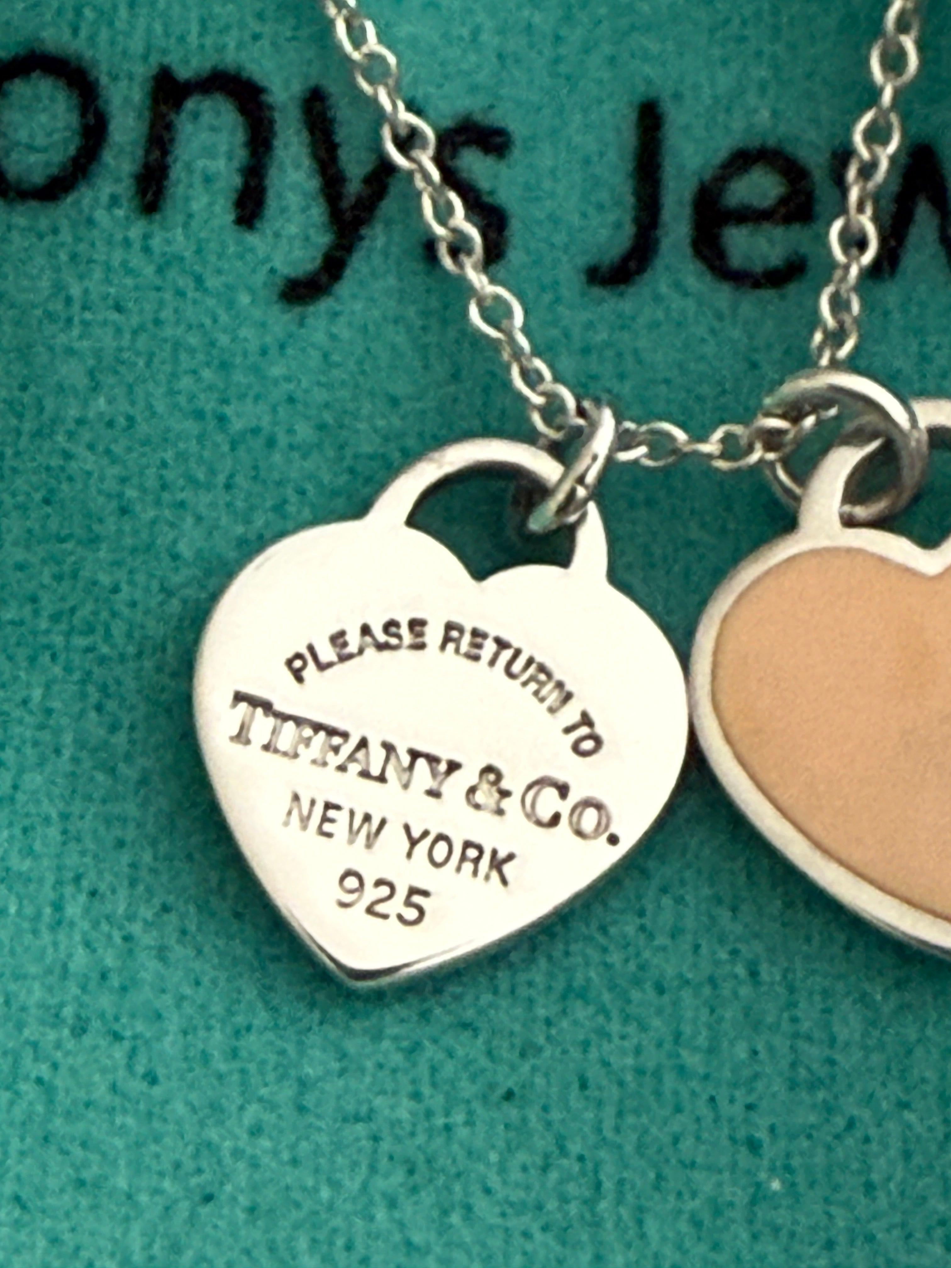 Tiffany & Co. Please Return To Tiffany Double Mini Heart Tag Pink Enamel Necklace 16 inches