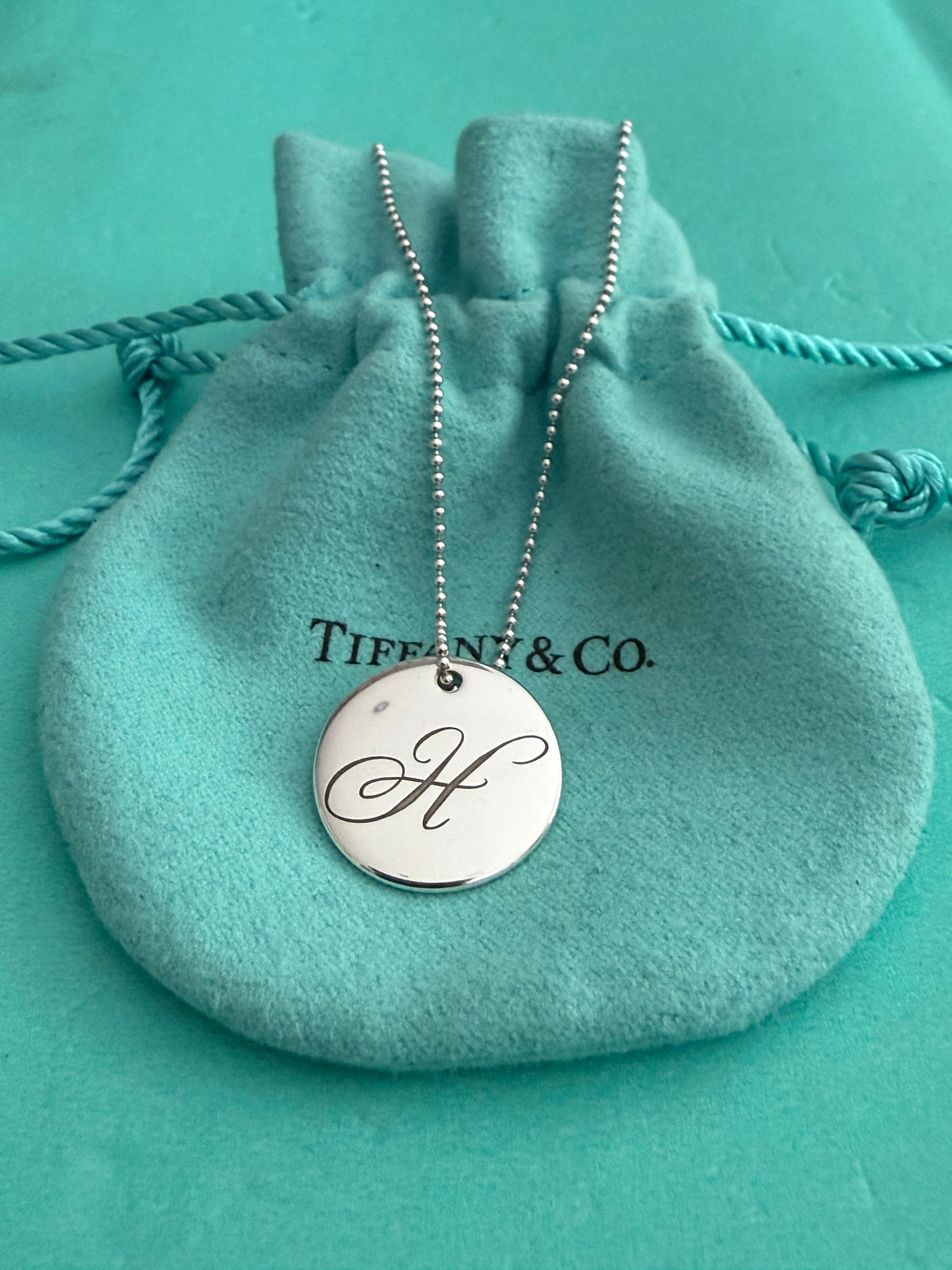Tiffany & Co. Silver Alphabet Disc Letter Initial “H” Pendant Necklace 18”
