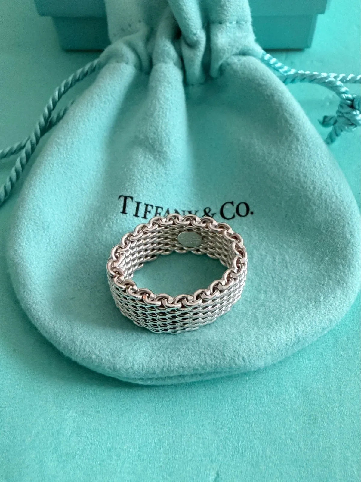 Tiffany & Co Sterling Silver Somerset Mesh Flexible Wide Band Ring Size N 1/2