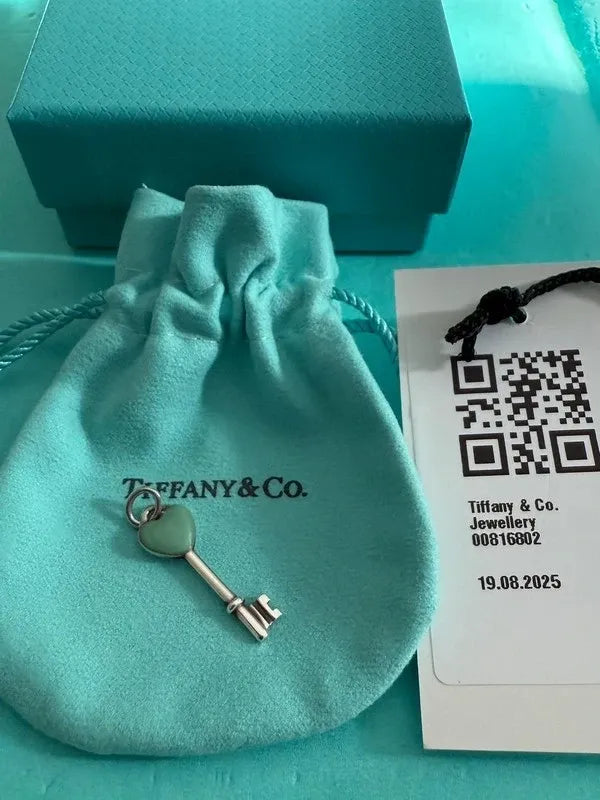 Tiffany & Co Sterling Silver Heart Key Turquoise Enamel Pendant