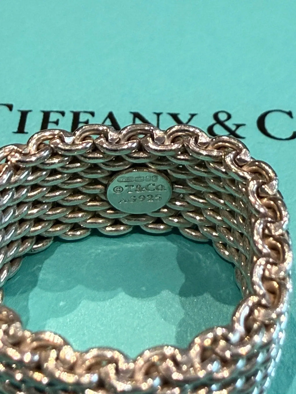 Tiffany & Co Sterling Silver Somerset Mesh Flexible Wide Band Ring Size N 1/2