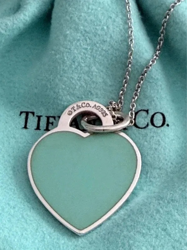 Tiffany & Co. Please Return To Tiffany Blue Enamel Heart Tag Pendant Necklace 18
