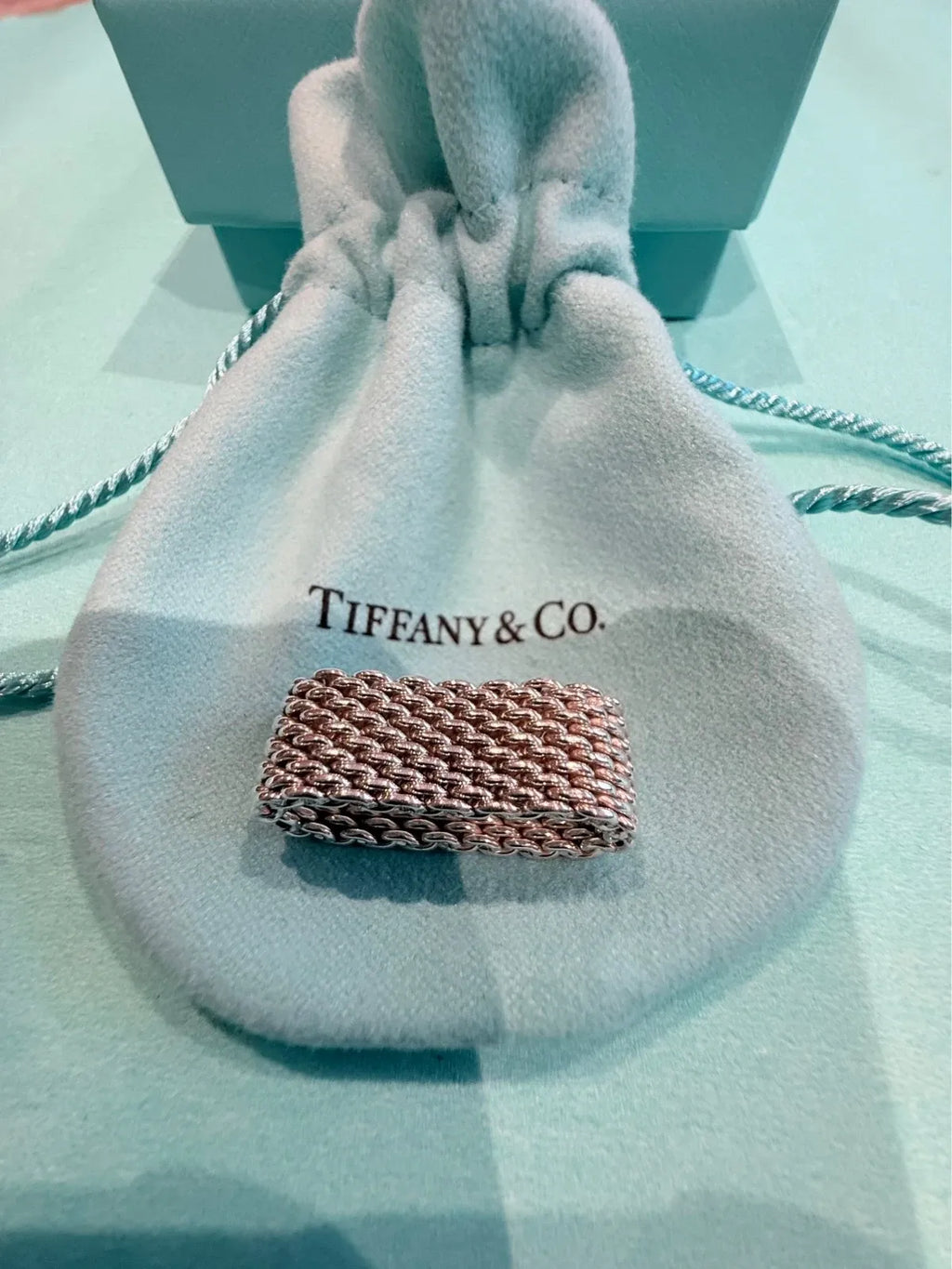 Tiffany & Co Sterling Silver Somerset Mesh Flexible Wide Band Ring Size N 1/2
