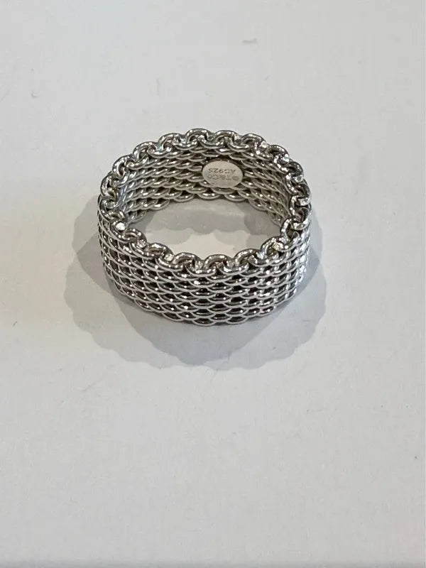 Tiffany & Co Sterling Silver Somerset Mesh Flexible Wide Band Ring Size N 1/2